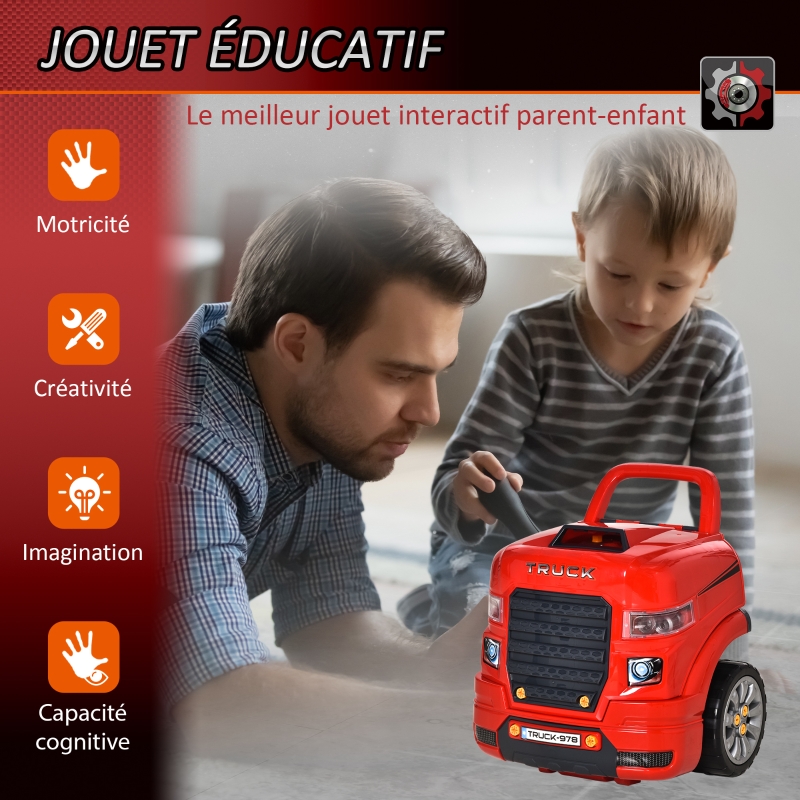 HOMCOM Camion mécano 2 en 1 - Jouet Bricolage Enfant - Établi Enfant - Jeu d'imitation mécanicien - Nombreux Accessoires Total de 61 pièces - Effets sonores et Lumineux - PP ABS Rouge