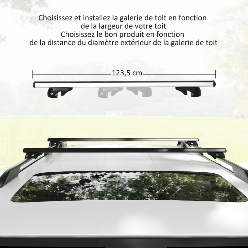HOMCOM Barres de toit de voiture transversales porte-bagage verrouillables 2 clés fournies alliage d'aluminium 123,5 x 5,5 x 7 cm argenté et noir