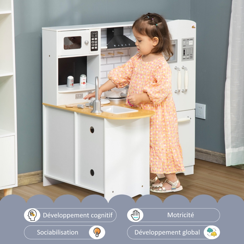 HOMCOM Cuisine pour Enfant 3-6 ans Jeu d'imitation Nombreux Accessoires rangements évier, robinet, four, micro-ondes, hotte, téléphone et réfrigérateur Blanc
