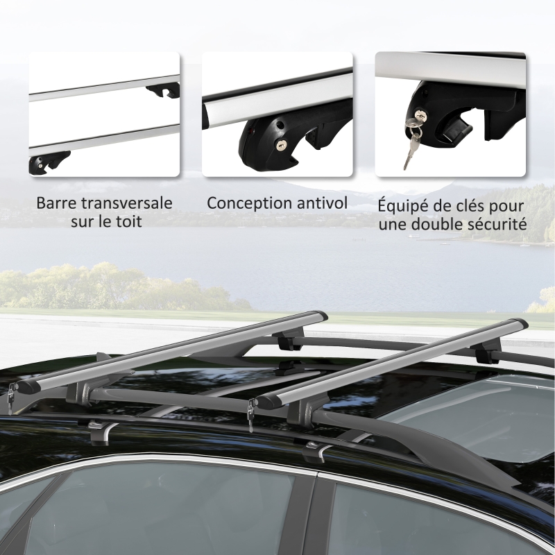 HOMCOM Barres de toit de voiture transversales porte-bagage verrouillables 2 clés fournies alliage d'aluminium 123,5 x 5,5 x 7 cm argenté et noir