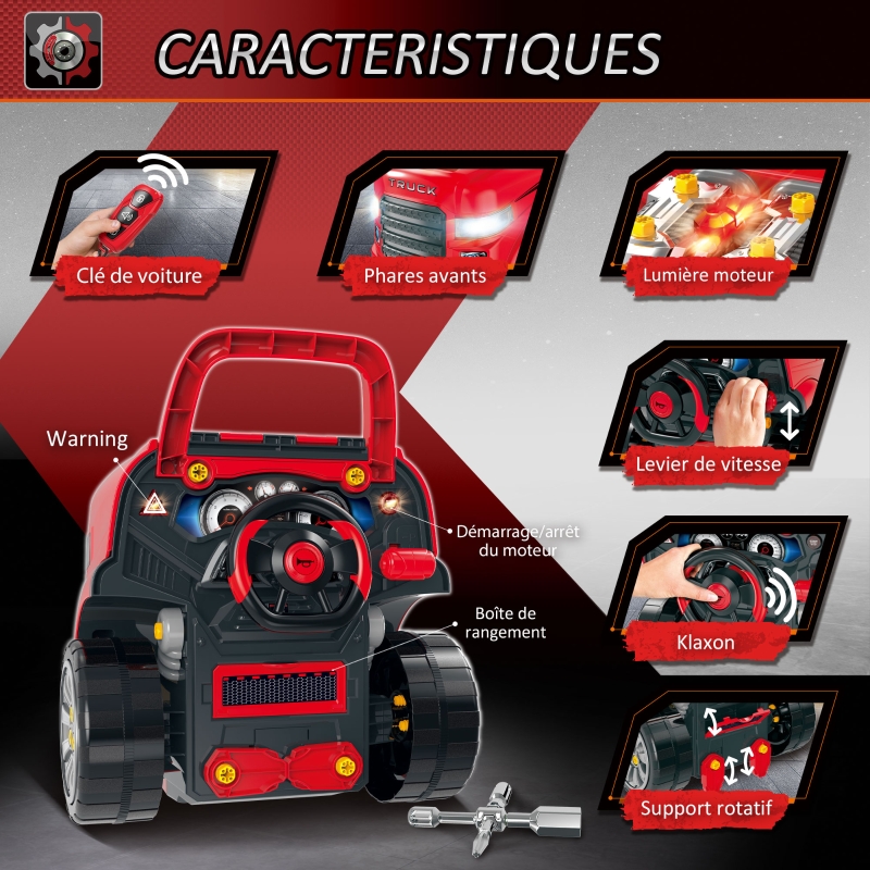 HOMCOM Camion mécano 2 en 1 - Jouet Bricolage Enfant - Établi Enfant - Jeu d'imitation mécanicien - Nombreux Accessoires Total de 61 pièces - Effets sonores et Lumineux - PP ABS Rouge