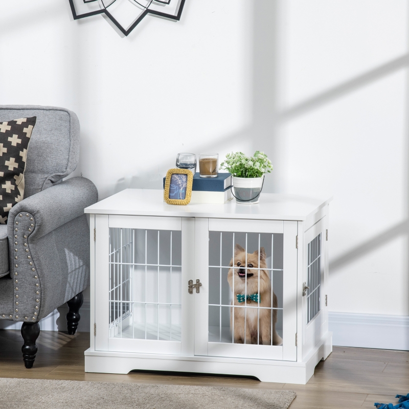 PawHut Cage pour chien animaux 2 en 1 table d'appoint meuble cage chien intérieur avec 2 portes verrouillables - dim. 76L x 54.5l x 56H cm - Métal et MDF