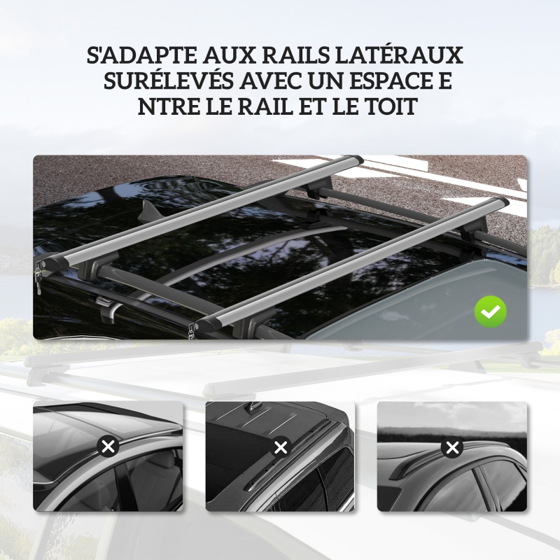 HOMCOM Barres de toit de voiture transversales porte-bagage verrouillables 2 clés fournies alliage d'aluminium 123,5 x 5,5 x 7 cm argenté et noir