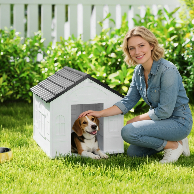 Plastic Weather-Resistant Dog House, for Indoors and Outdoors, Medium Dogs - Grey