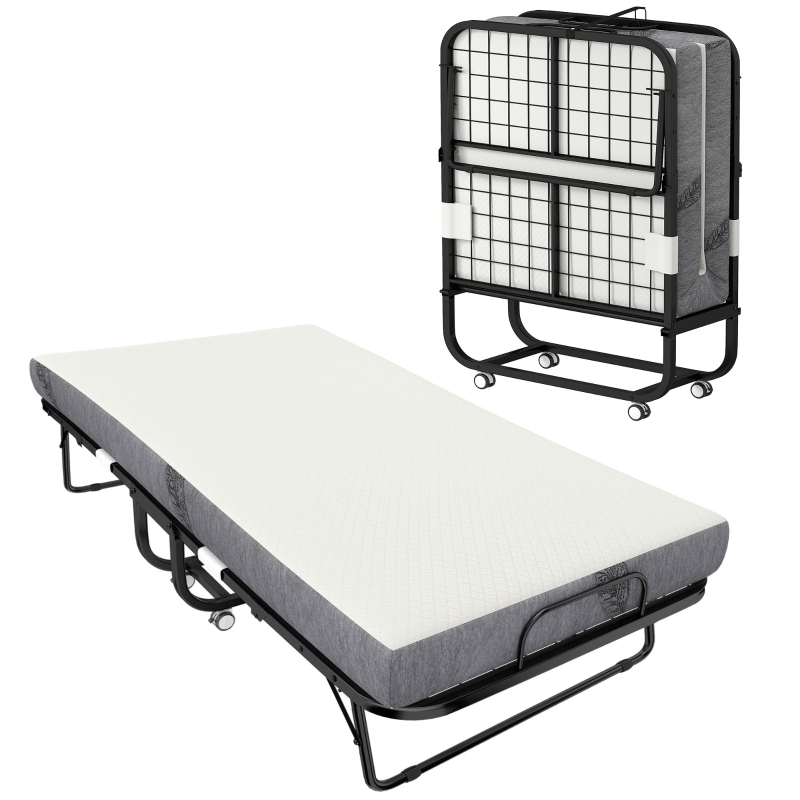 Lit pliant 1 personne 200 x 80 cm avec matelas, lit d'appoint pliable et portable sur roulettes, cadre en acier, blanc