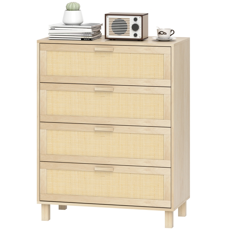 Commode 4 tiroirs cannage en rotin dim. 80L x 40l x 103H cm MDF Aspect Bois Clair