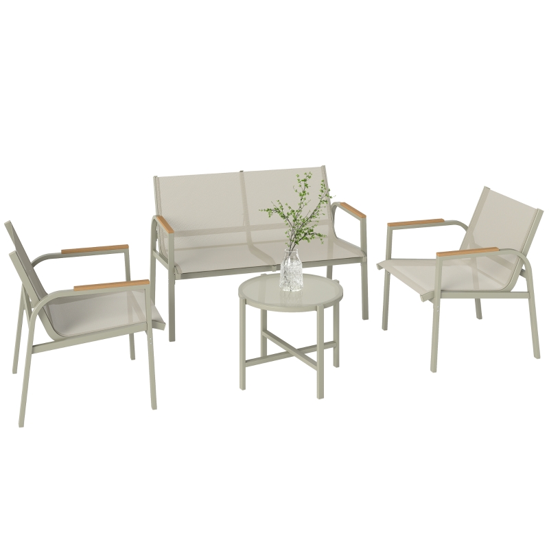 Outsunny Salon De Jardin 4 Pièces – Canapé 2 Places + 2 Fauteuils + Table Basse En Verre Trempé – Textilène Vert – Ensemble Pour Terrasse, Balcon Ou Piscine
