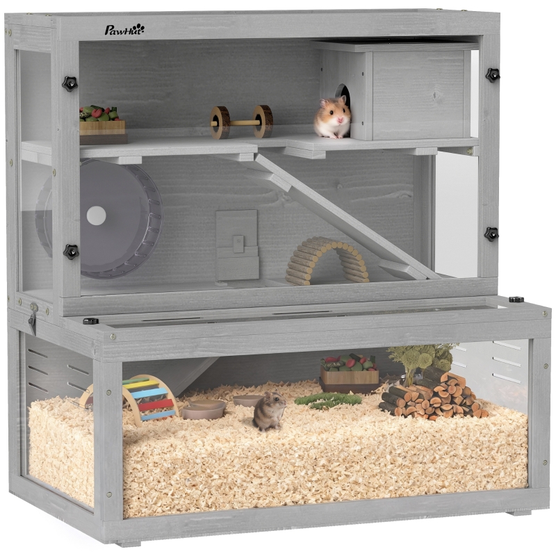 Wooden Hamster Cage with Hut, Wheel, Ramps, Removable Viewing Panels ...