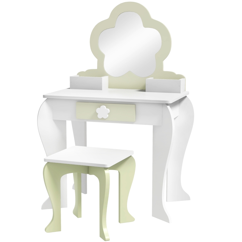 Kids Vanity Table with Mirror and Stool, Drawer, Storage Boxes, Flower Design, for Ages 3-6 Years - White