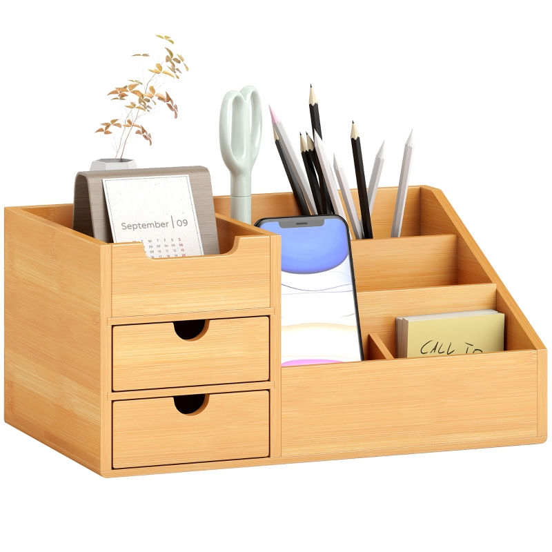 Desk Organiser Holder, Bamboo Multi-Function Storage Caddy with 7 ...