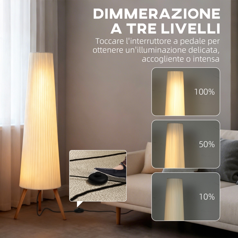  Lampada da Terra Treppiede con Interruttore a Pedale, Lampada a Pavimento con Luminosità Regolabile, Paralume in Tessuto e Gambe in Legno, per Salotto e Soggiorno, 46x46x153 cm, Bianco