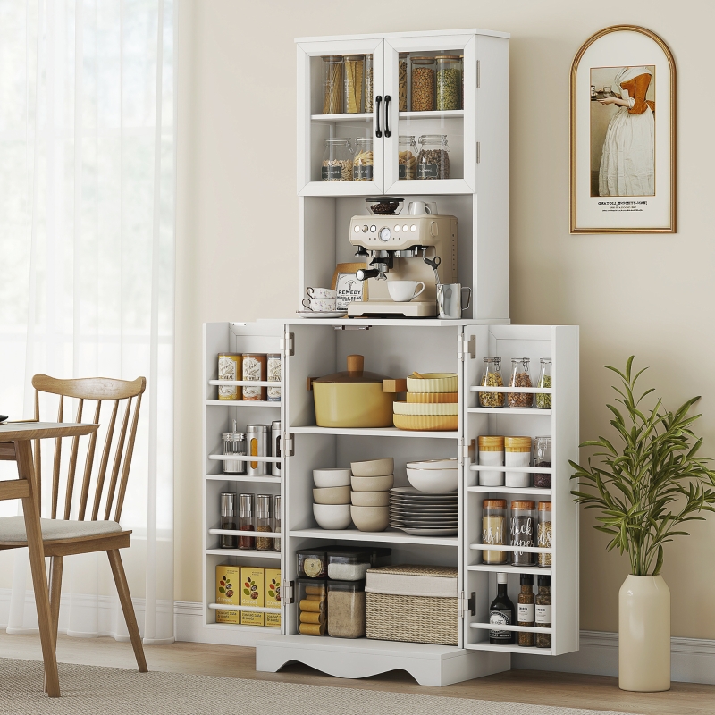 Mobile Dispensa Cucina con 2 Armadietti e 8 Ripiani, in Legno e Acrilico, 60x39.5x179.6 cm, Bianco