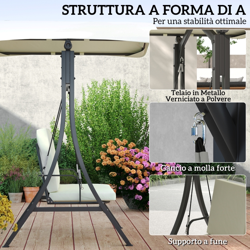 Dondolo da Giardino 2 Posti con Tettuccio Regolabile e Cuscini, 150x120x182 cm, Crema
