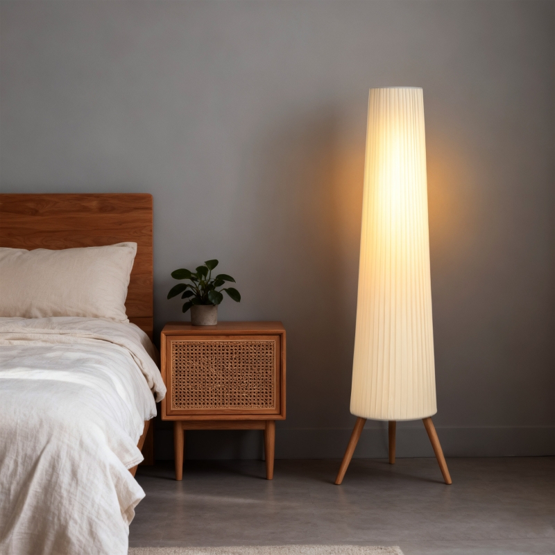  Lampada da Terra Treppiede con Interruttore a Pedale, Lampada a Pavimento con Luminosità Regolabile, Paralume in Tessuto e Gambe in Legno, per Salotto e Soggiorno, 46x46x153 cm, Bianco