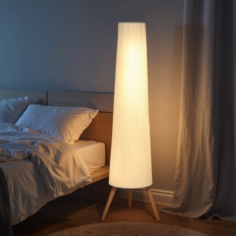  Lampada da Terra Treppiede con Interruttore a Pedale, Lampada a Pavimento con Luminosità Regolabile, Paralume in Tessuto e Gambe in Legno, per Salotto e Soggiorno, 46x46x153 cm, Bianco