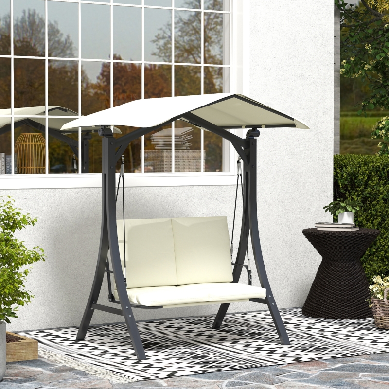 Dondolo da Giardino 2 Posti con Tettuccio Regolabile e Cuscini, 150x120x182 cm, Crema