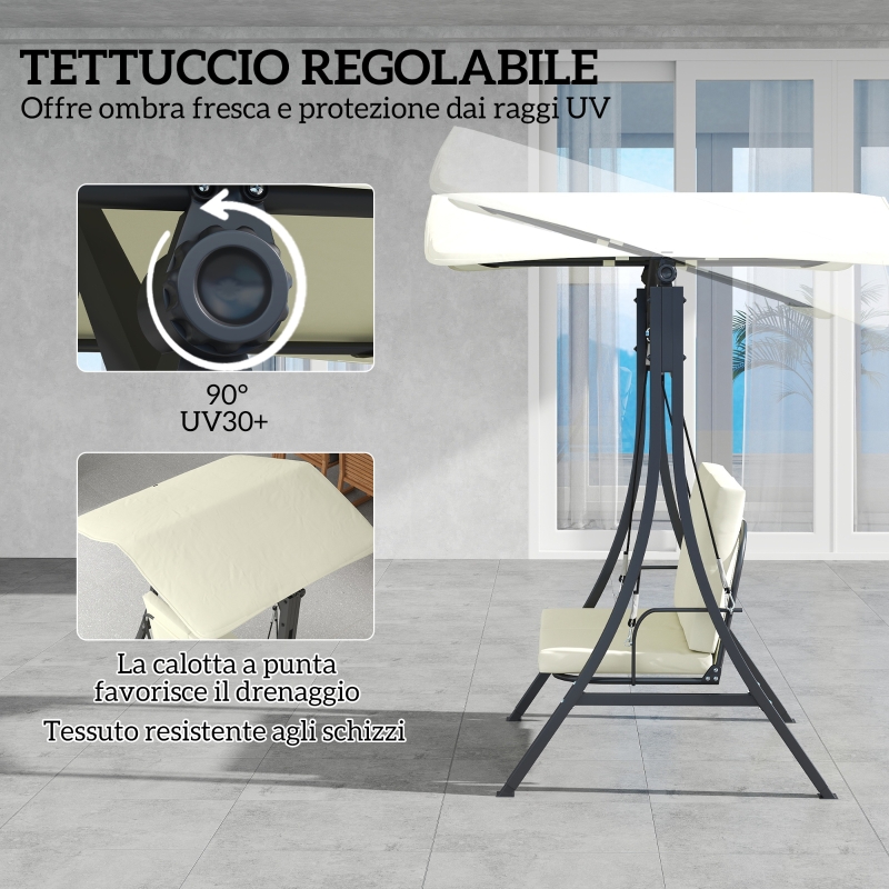 Dondolo da Giardino 2 Posti con Tettuccio Regolabile e Cuscini, 150x120x182 cm, Crema