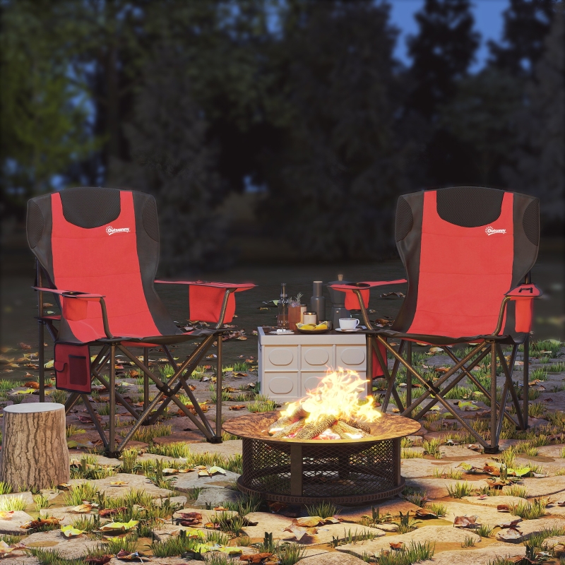 Set 2 Sedie da Campeggio Pieghevoli con Borsa Frigo, Portabicchieri e 2 Tasche, 94x62x100 cm, Rosso