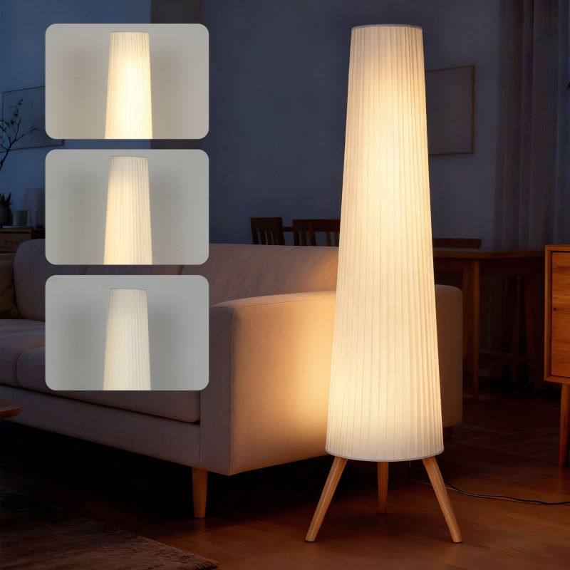  Lampada da Terra Treppiede con Interruttore a Pedale, Lampada a Pavimento con Luminosità Regolabile, Paralume in Tessuto e Gambe in Legno, per Salotto e Soggiorno, 46x46x153 cm, Bianco