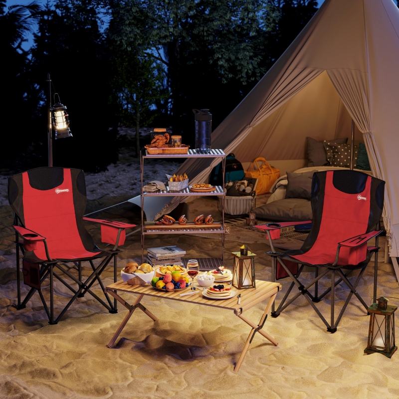 Set 2 Sedie da Campeggio Pieghevoli con Borsa Frigo, Portabicchieri e 2 Tasche, 94x62x100 cm, Rosso