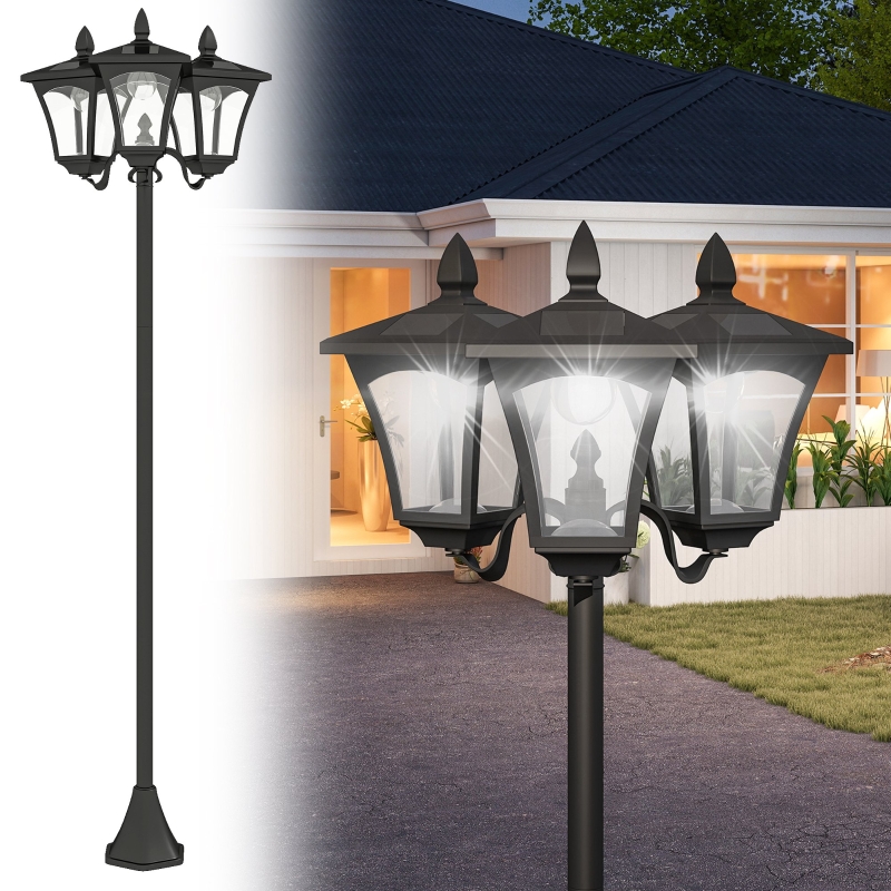  1.8m Traditional Victorian Style 3 Way Head Outdoor Garden Solar Post Lamp Sensor Dimmable LED Lantern Bollard Pathway IP44 – Black