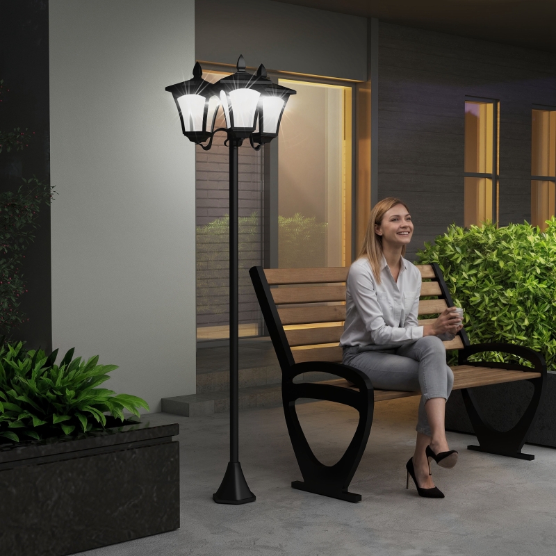  1.8m Traditional Victorian Style 3 Way Head Outdoor Garden Solar Post Lamp Sensor Dimmable LED Lantern Bollard Pathway IP44 – Black