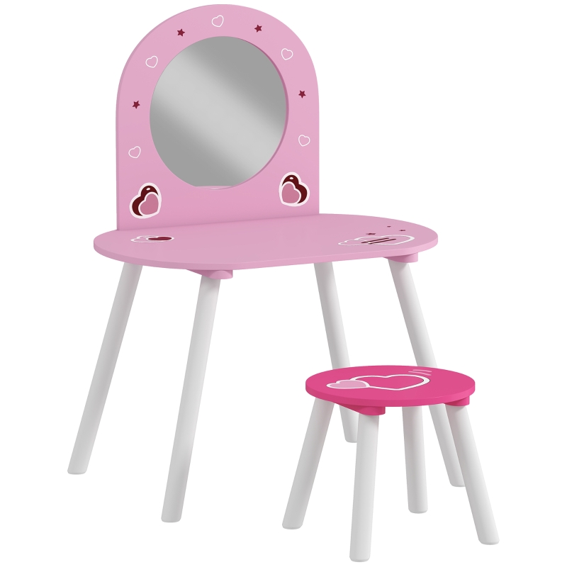 Kids Dressing Table with Mirror and Stool, Girls Vanity Set for Kids Room, Bedroom, Nursery, for Ages 3–6 Years, Pink