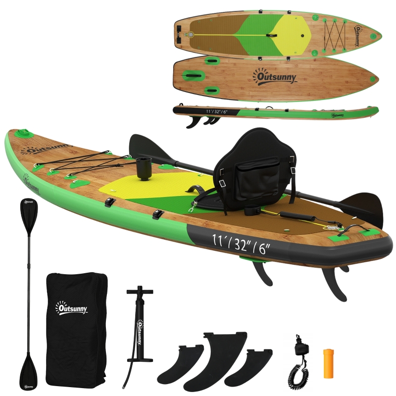 Tabla Paddle Surf Hinchable SUP Extra Largo de 335 cm con Asiento Remo Convertible Aletas Bomba y Mochila Carga 180 kg