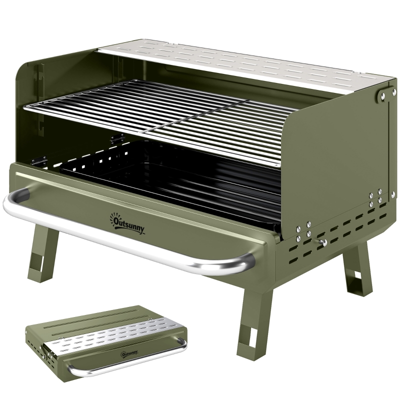 Portable BBQ Grill, Charcoal Barbecue Grill with Adjustable Grates, Foldable Legs, Side Shelf for Camping Travel, Green