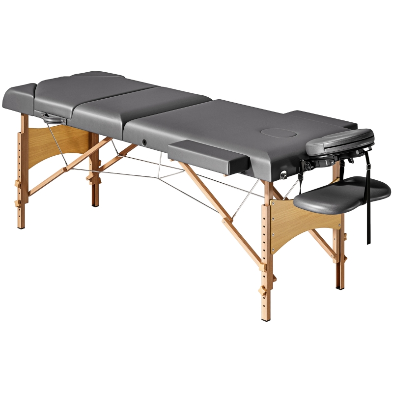 Camilla Masaje Plegable de Madera de 3 Zonas con Altura Respaldo Reposacabezas Ajustables Brazos 215x60x62-89 cm Gris